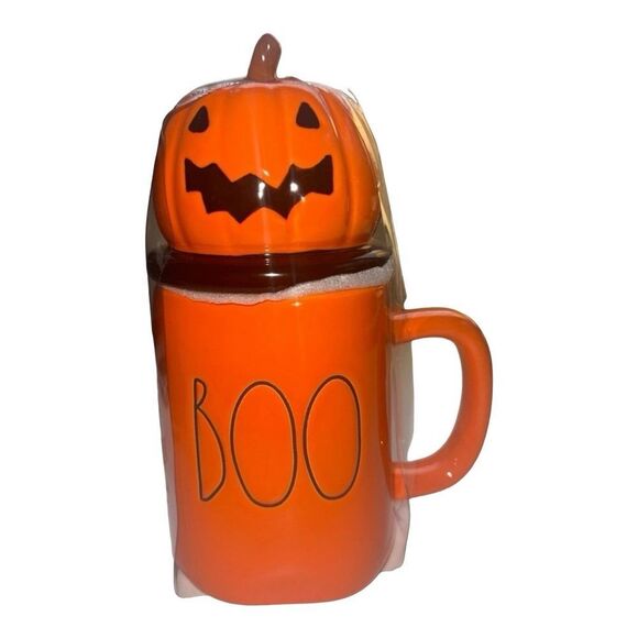 Rae Dunn‎ Halloween Boo Mug with Pumpkin Topper Lid Orange Ceramic - Picture 1 of 5